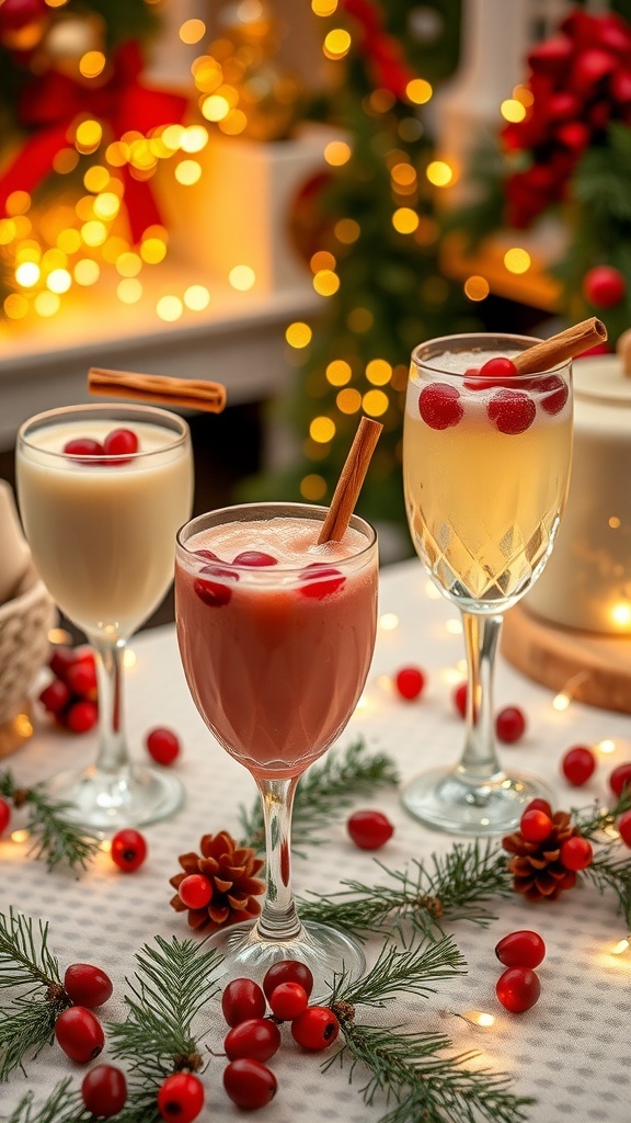 Festive Christmas Cocktail Recipes A festive table with Christmas cocktails including eggnog and cranberry mimosas, decorated with holiday lights.